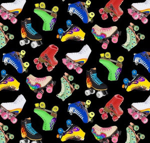 Retro roller skates vibrant red yellow green blue black white pink with patterns of flames rainbows tribal stars on black background – ES667