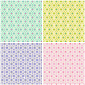 Flowers inside hexagon shape in shades of green lime purple pink with white Tula Pink Besties XLN PWTP220