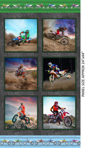 six framed panel depicting Motor cross Bikes on background of dirt rocks mountains against blue red black skies KK Fabric 1137C