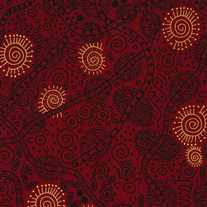 depicting bush tucker from indigenous Aboriginal artist June Smith red background with yellow sun black food drawings