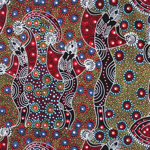 Dancing figures in Indigenous dot painting coloured red black blue green white MST1009 DSR