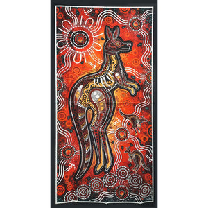 Kangaroo portrayed in dreamtime Indigenous Aboriginal dot painting coloured with brown orange toning's with black white red etching 0167A