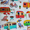 Retro style caravans coloured in red green aqua white polka dots  orange black stripe beach umbrellas red bikes striped blue red and white beach chairs on a base white background in camping scenery 89510-101