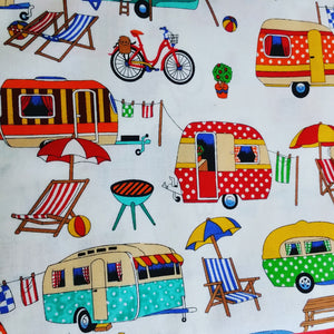 Retro style caravans coloured in red green aqua white polka dots  orange black stripe beach umbrellas red bikes striped blue red and white beach chairs on a base white background in camping scenery 89510-101