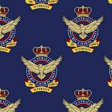 Australian Airforce badge featuring a gold eagle inside a blue circle under the King's crown on a Blue background from KK Fabric 0196G