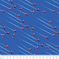 Air Force Planes in red black and white flying in V formation on blue sky with jet stream from KK Fabric 0196L