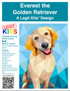 Dog design named Everest the golden retriever in shades of gold brown cream background shades of blue quilt top foundation paper pieced legit kits