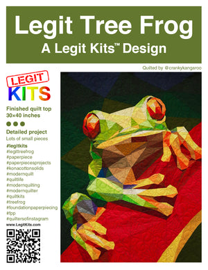 Frog design named legit tree frog in shades of green yellow orange on brown branch background shades of dark blue green quilt top foundation paper pieced legit kits
