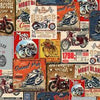 motorcycles from ole days in colours of orange black red brown in framed pictures on fabric KK Fabric 1060/774A