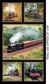 Steam Trains coloured in black red on five different frames with background of trees mountains and tracks going forth KK Fabric 1098D