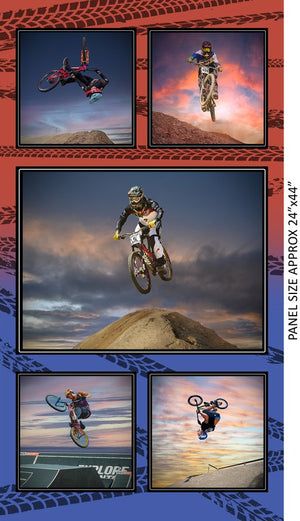 BMX Bike power framed in five pictures of air raising bikes in various position of upside down front on vertical and horizontal on a background of blue red grey cloudy clear  skies, facing off mountain peaks KK Fabric 1115A