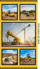 yellow framed diggers earthmovers cranes motor scrapers on a background of brown dirt blue skies and craned steel KK Fabric 1136B