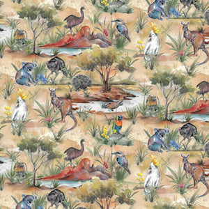 Australian Native Indigenous Animals including Koala Platypus Lorikeet Kookaburra Flying Fox Cockatoo Echidna Galah Emu Frilly Neck Lizard Tasmanian Devil Kangaroo on a background of desert scenery with yellow gum flowers bluebells pink grasses billabong of water 11830.102