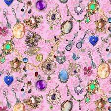 necklaces with emeralds diamonds cameos amethysts with earrings on a pink brocade fabric KK Fabric 2077/0470