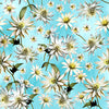 Australian Indigenous Flannel flower on a teal blue cotton fabric, flowers are represented as buds cone flowers and fully open stems of green brown with pale yellow gold centres