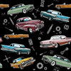 Classic vintage 1950s chevys V8 green blue red orange yellow small screwdrivers hammers wrench sprockets shifters pistons suspension springs road signs scattered in the background in silver on black background 81200
