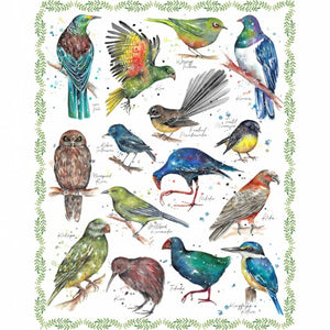 Maori Indigenous native birds Tui Kea Tauhau Waxeye Kerera Toutouwai Robin Piwakawaka Robin Miromiro Tomti Ruru Morepork Pukeko Kaka Korimako Bellbird Kakapo Kiwi Takahe Katare Kingfisher in bright water colours green turquoise yellow brown orange blue purple black grey white 81260.101 By Nutex