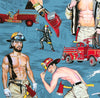 Shirtless firefighters firemen posing in beige uniform with red black yellow hard hats red axe fire trucks black white dalmatian blue background with buildings  9041B