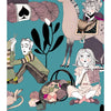 Man lady sitting knitting yarn cat playing craft basket horse shades of pink green beige black white background blue Alexander Henry Ghastlies 9062D