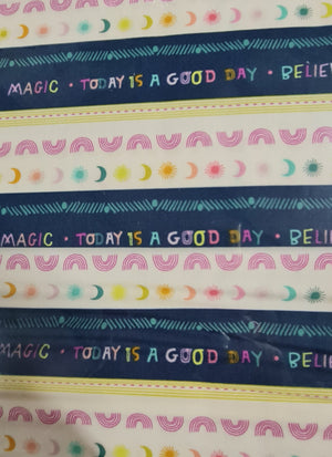 positive affirmation words coloured in pale rainbow colours using sun, moon, rainbows of pink on blue and white stripes