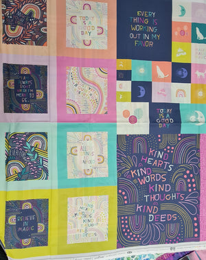 Affirmation word Panel on a background of pastel green pink yellow orange colours, small blocks framed out