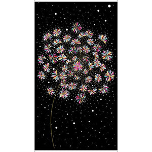 Floral spray of colour on black background with gold outline white dots flowers coloured green yellow pink red  Bold Blooms 29903J