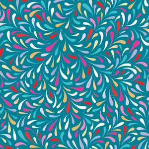 splashes of pink green white red yellow shaped like teardrops on a turquoise cotton fabric Bold Blooms 29905Q