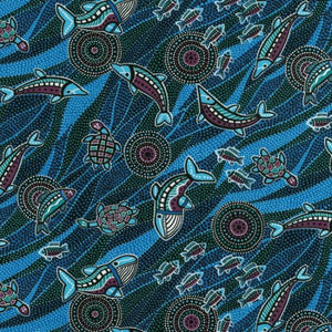 Indigenous aboriginal Australiana dreamtime dot painting whales dolphins turtles fish swimming in the ocean shades of blues burgundy turquoise white black  11130.101