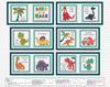 Animated Dinosaurs in reds purples greens oranges on a spotted grey background  to make into a childs soft, quite book 586P-91