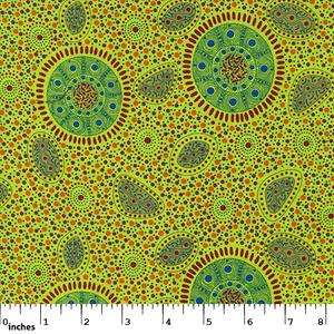 Indigenous Australian Aboriginal Dot painting depicting onions and flowers in colouring of greens yellows reds browns oranges blues MST1051 Jane Doolan