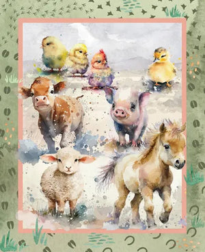 Baby farm animals animated Chicks Calf Piglet Lamb Foal printed on cotton fabric coloured green yellow brown grey soft pink DV6137