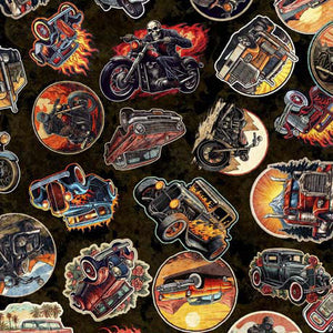 Collage of red orange blue Trucks, black red low rider Motorcycles, flame painted black red blue Hot Rods, orange red black Vintage vehicles on a motley black brown cotton fabric