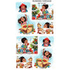 Fabric panel Christmas theme girl rugged up warm with beanie scarf outside in the snow, girl sitting around Christmas tree with patchwork quilt to stay warm and puppy on lap, girl pulling decorations lights out of box, girl looking at table full of Christmas desserts cookies cupcakes pudding in colours of blue red green white brown black yellow aqua gold  DP25315-10