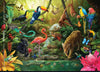 Jungle theme panel vibrant green orange yellow pink red turquoise blue rainbow butterfly toucan sloth orangutang cheetah flamingo anteater cheetah jaguar hummingbird snake frog fish relaxing in harmony next to slow waterfall DV6011