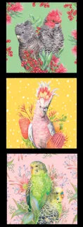Australian bird panel with grey-black cockatoos and red flowers on green, a pink galah on a yellow background with scattered wattles, and two green and yellow budgies with soft pink native blooms – Carlie Edwards artwork – DV6457