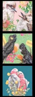 Three illustrated bird and animal panels featuring a kookaburra and brown rabbit among pink and red blooms on soft pink, two black cockatoos with yellow cheeks and orange banksia on seafoam green, and two pink galahs perched on golden wattle against a deep teal blue – Carlie Edwards artwork – DV6458