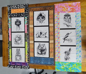 Emu Possum Quokka drawn in grey black toning's with Indigenous Australiana Indigenous floral borders in orange pink green yellow purple blue tones Owl Dingo Wombat drawn in grey black toning's with Indigenous Australiana borders in brown blue black red green yellow tones Owl Kingfisher Koala drawn in grey black toning's with bright  floral side borders of pink green blue red yellow topped with a lava like pink orange pattern bottom has same lava design in green blue tones 