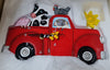 Ceramic Novelty Clock in shape big red truck with white sheep black and white cow pink pig black and white stripe chicken and yellow sunflower as second hand yellow birds for minute and hour hands