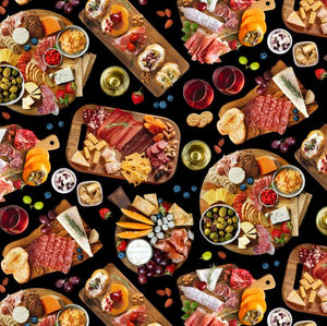 Charcuterie boards degustation assortments of cheese crackers cold meats olive dips grapes strawberries blueberries almonds wine serving boards vibrant colours orange red yellow white green brown black white ES682