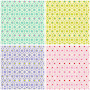 Flowers inside hexagon shape in shades of green lime purple pink with white Tula Pink Besties XLN PWTP220