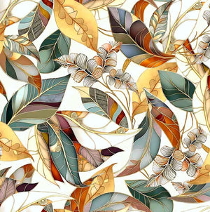 Leaf shapes coloured tones of brown purple green red cream white on cream cotton fabric Frond Nouveau 30098E