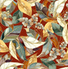 Leaf shapes coloured tones of brown purple green red cream white on red brown cotton fabric Frond Nouveau 30098T