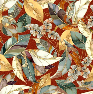 Leaf shapes coloured tones of brown purple green red cream white on red brown cotton fabric Frond Nouveau 30098T