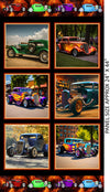 six Life like Hot Rods individually framed in colours of metallic green, purple blue aqua, flame red orange black