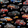 red orange black green with flame sides Hot Rods on a motley black cotton fabric background