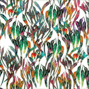 Australiana painting of eucalyptus leaves randomly scattered on white background in vibrant colours yellow orange green brown white pink purple – 3012M