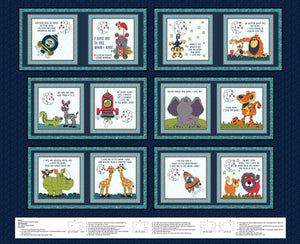 Love you to the moon and back 12 framed animated child sayings to produce a fabric book with green space ship monkey hippo lion elephant zebra crocodile rhino tiger giraffe stars moon in pastel shades of green orange red grey yellow 85609P-66