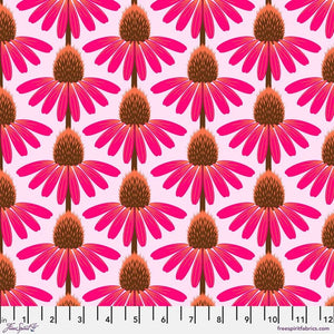 Blooming echinacea bright pink orange petals dark brown light orange bud on light pink background Anna Maria Horner PWAH075-Maraschino XLN