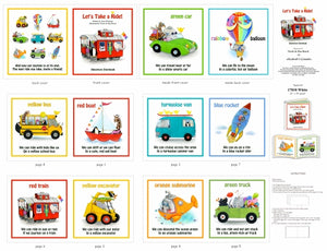 Book Panel penguin pig elephant giraffe driving tram car hot balloon bus boat van rocket train excavator submarine truck vibrant red green rainbow yellow red turquoise blue orange Elizabeth Studios ES17010 White - DAY1007