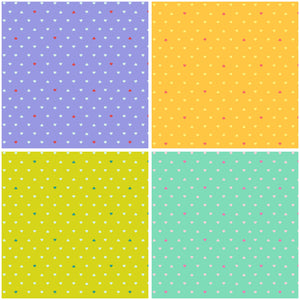 Small white love hearts across bright purple orange lime green backgrounds Tula Pink Besties XLN PWTP221
